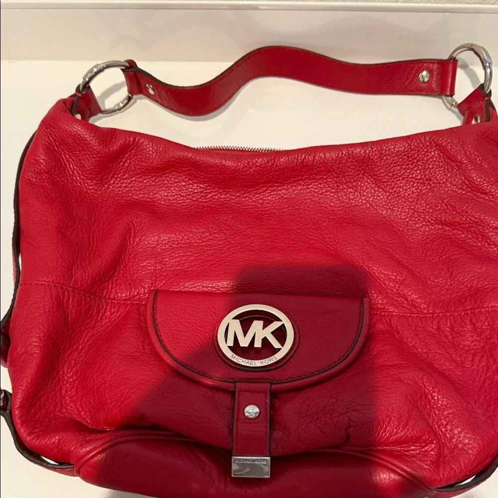 Michael Kors Bright Red Pebbled Leather Shoulder Bag with MK Logo
